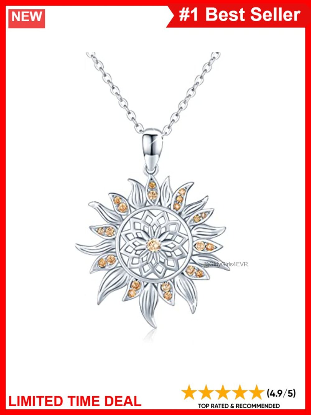 Sterling Silver Sunflower Pendant Necklace Cubic Zirconia 18+2" Women's Jewelry